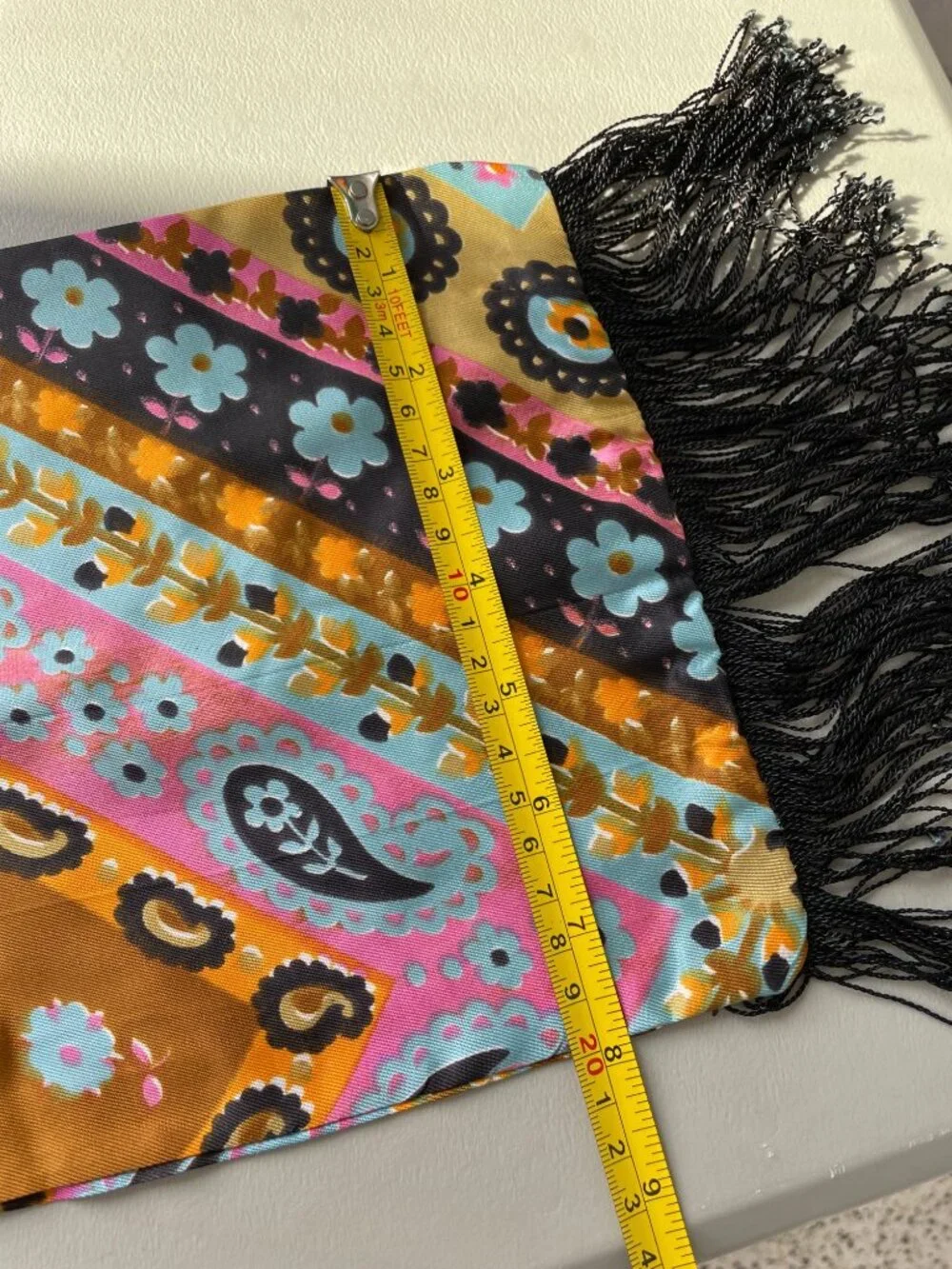 Vintage Floral Silk Scarf Black Fringe Trim Multicolor Neck Wrap Boho Festival